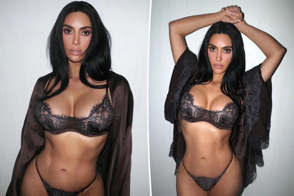 Kim Kardashian poses in Skims' espresso silk-lace lingerie ahead of Valentine's Day — Pagesix.com