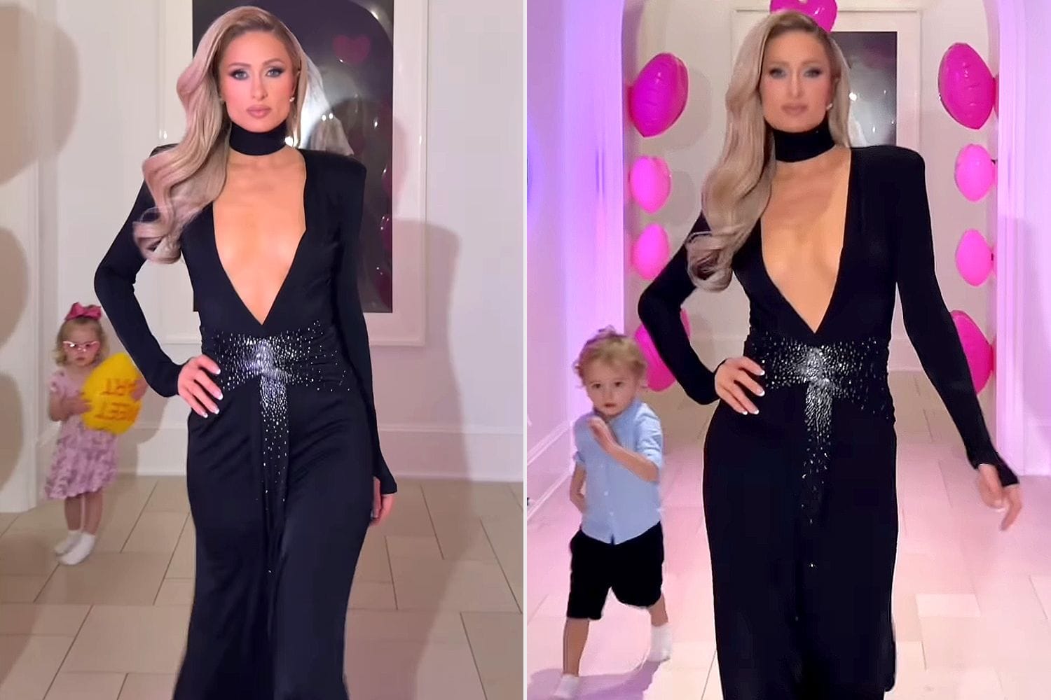 Paris Hilton struts in chic black ballgown with son Phoenix, 3, and daughter London, 2 — People.com