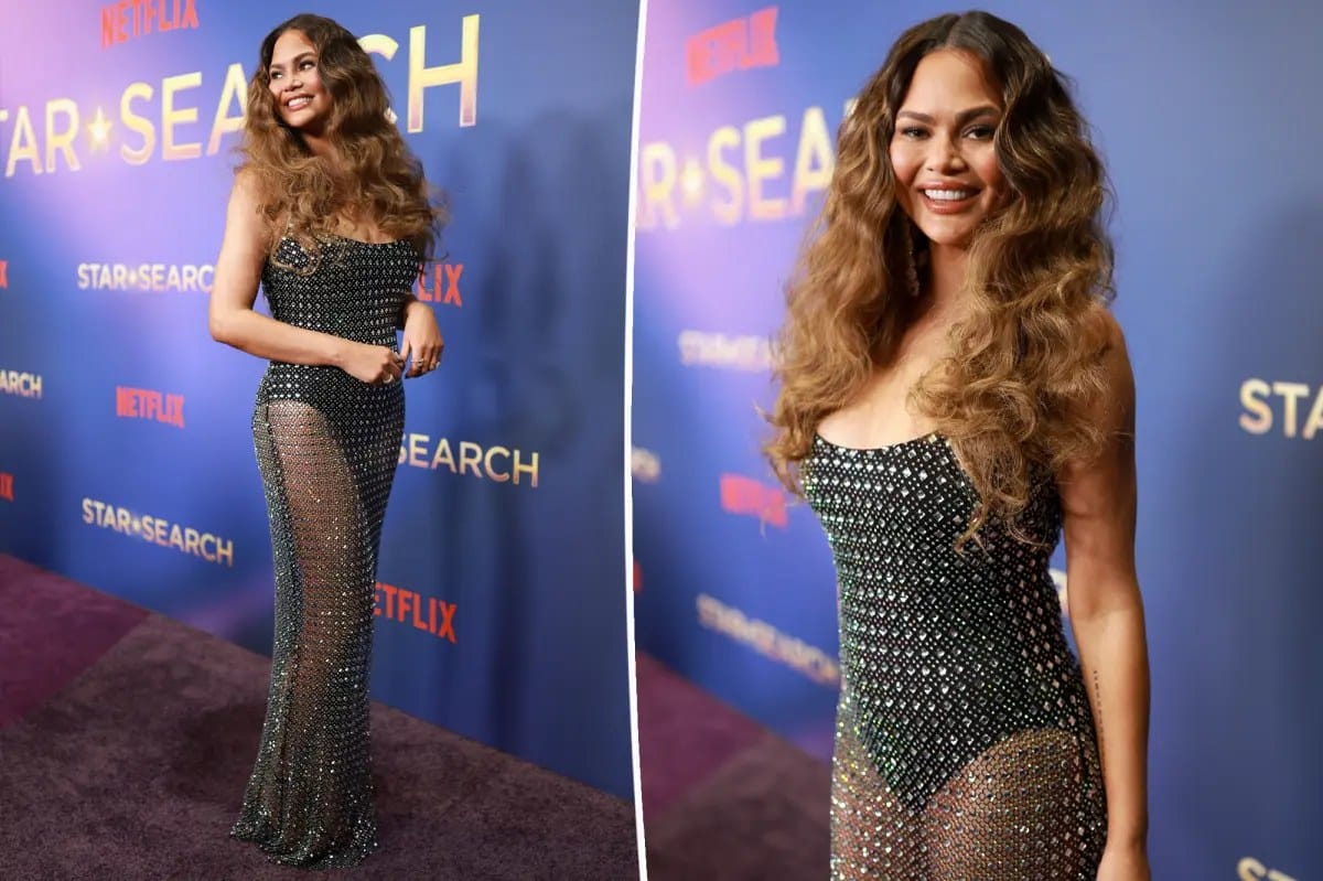 Chrissy Teigen hits the 'Star Search' red carpet in see-through, sparkling gown — Pagesix