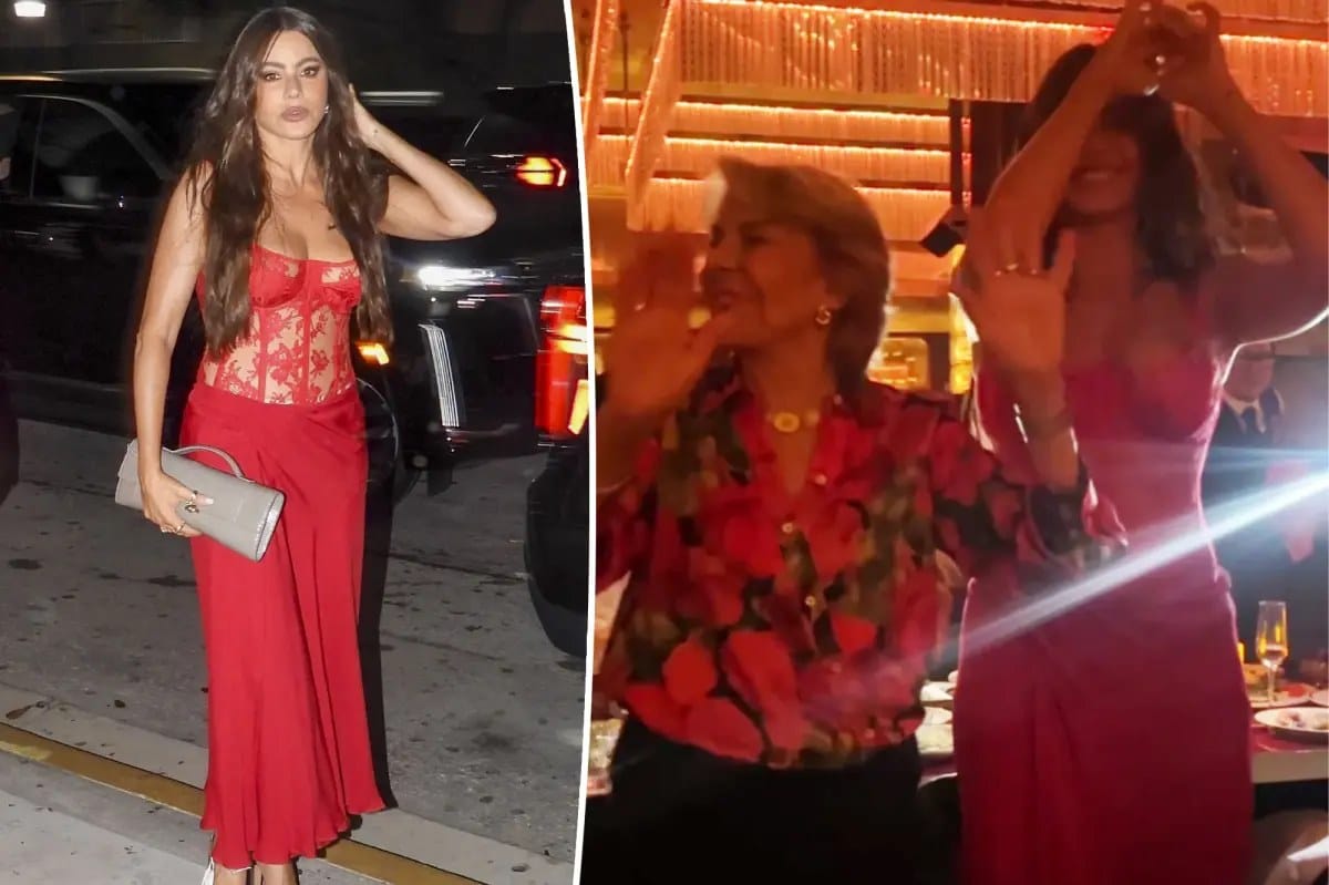 Sofia Vergara in plunging red dress as $1K steak turns into family fiesta — Pagesix