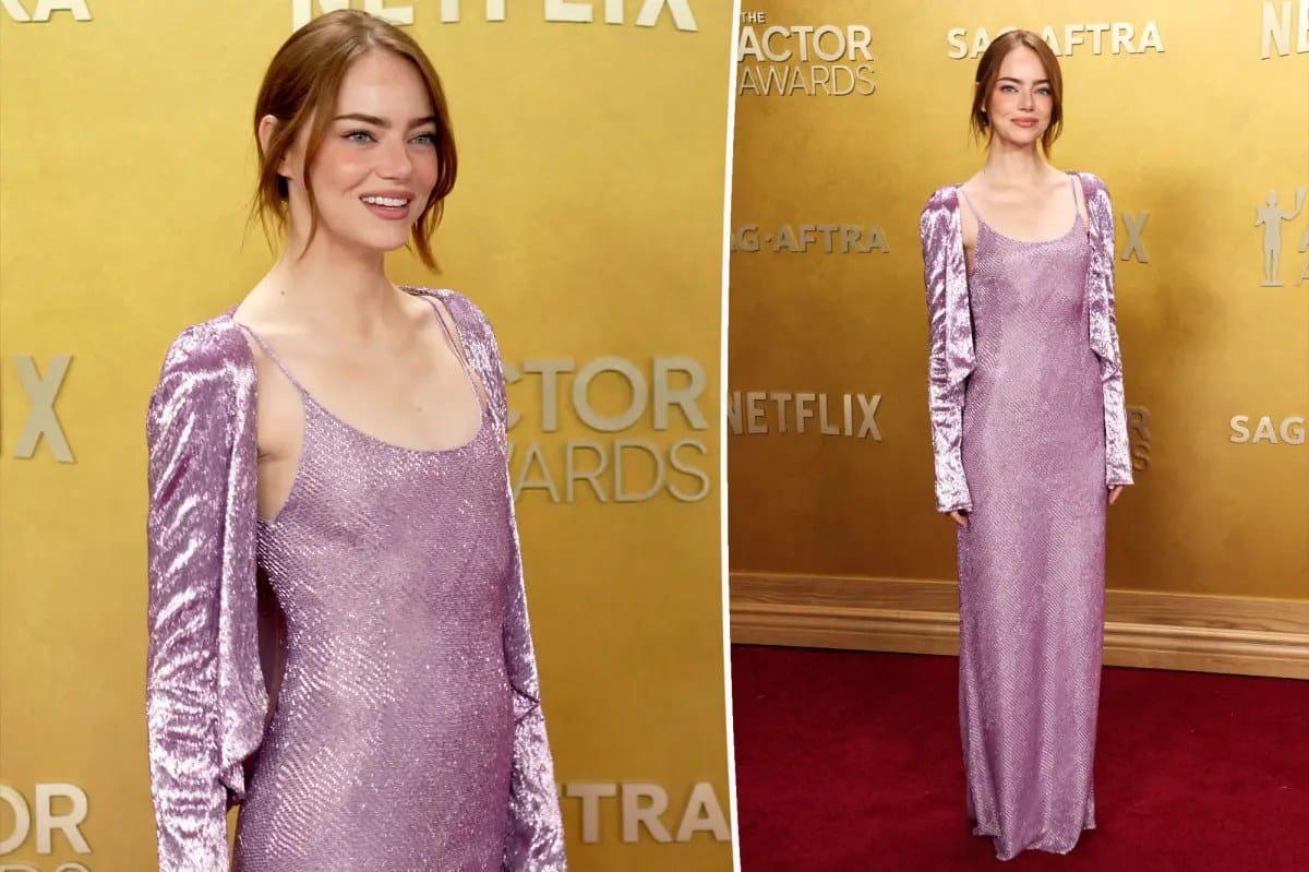 Emma Stone wears beaded lilac Louis Vuitton cardigan at SAG Actor Awards — Pagesix