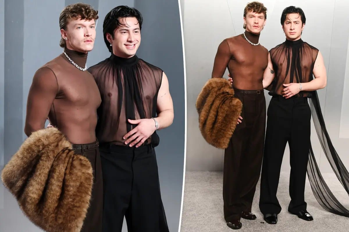 Hudson Williams and Connor Storrie twin in sheer outfits at Vanity Fair party — Pagesix
