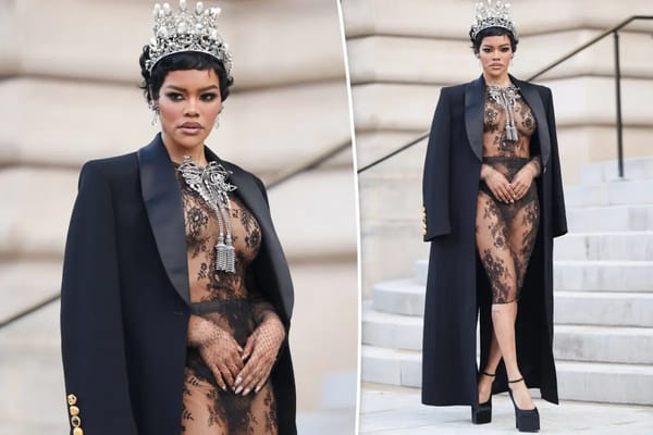 Teyana Taylor wears transparent Schiaparelli lace and pearl crown at Paris couture show — Pagesix.com