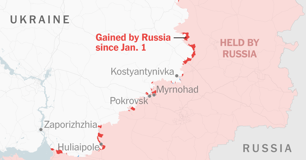Russia Nears Capture of Key Ukrainian Towns After Year of Grinding Assaults — NYT > World > Europe