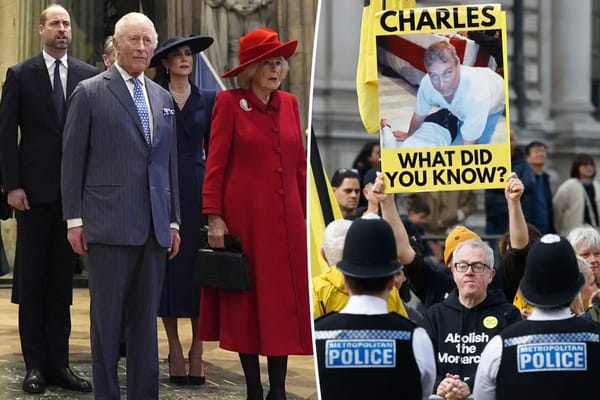 Protesters heckle King Charles, Prince William and Kate over ex-Prince Andrew — Pagesix